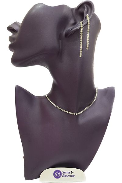 sema aksesuar Waterway Zircon Stone Necklace and Dangle Earring Set - Silver Color - Mother's Day Gift
