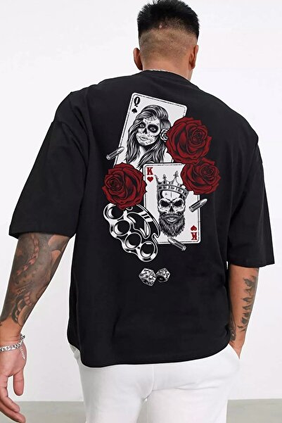 Keywest Tricou supradimensionat pentru bărbați, cu carduri „q-k”, cu imprimeu...