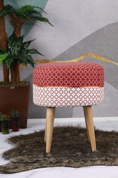 PufyHome Fiona Özel Tasarım-kırmızı Beyaz Gürgen Ayaklı Dekoratif Rahat Puf S...