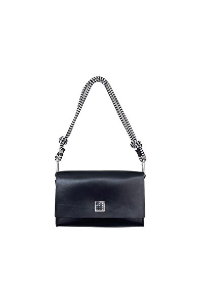 YOURHANDBAGS Siyah Deri Candy Çanta - Siyah Beyaz Halat Askılı