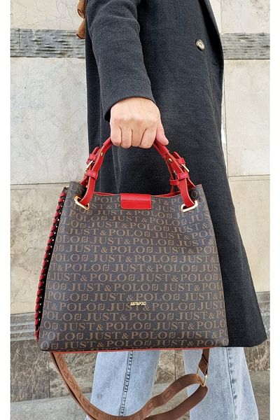 Just Polo Women's Brown Red Braided 5-Compartment Shoulder Bag and Wallet Combination