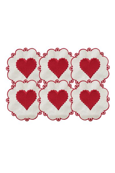 AYNAKIŞÇEYİZ 6-Piece Heart Patterned Valentine's Special Red Embroidery Linen Coffee Side Presentation Napkin