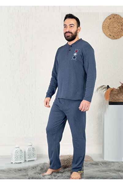 MEBA Erkek Interlok Kumaş Yaka Iki Düğmeli Kışlık Kalın Lacivert Pijama Takımı