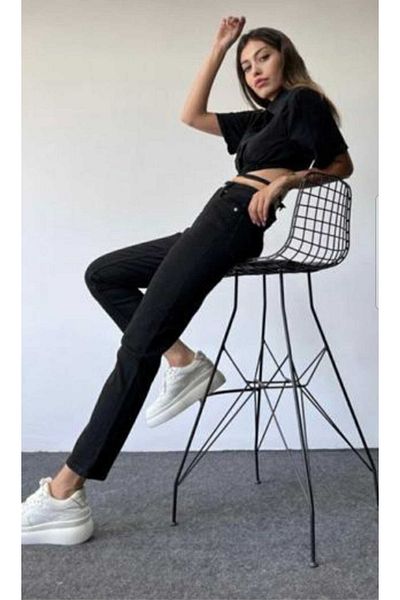 Trn JNS Eldora Black Colorfast Mom Jean Pantaloni de damă Boyfriend cu talie înaltă Power Lycra
