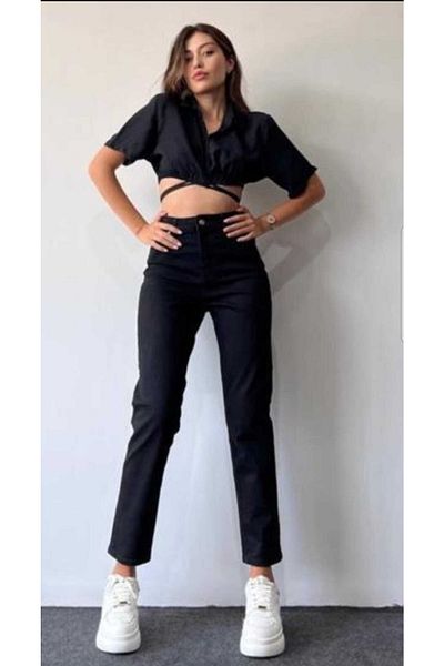 Trn JNS Eldora Black Colorfast Mom Jean Pantaloni de damă Boyfriend cu talie înaltă Power Lycra