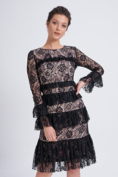 Balizza Uzun Kollu Pudra Astar Üzerine Tül Dantel Elbise