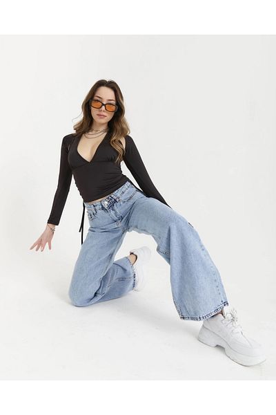 Livik Pantaloni de damă Aliss Blue Snow Wash Power Lycra, cu talie înaltă, cu picioare largi