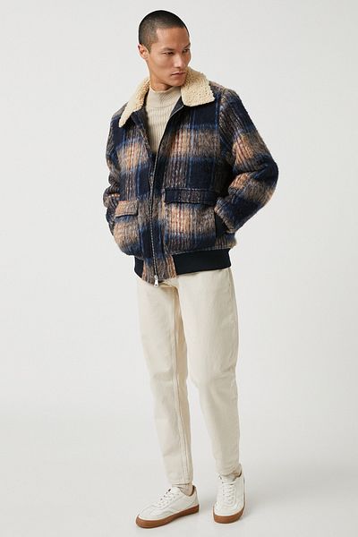 Koton Men's Navy Blue Plaid Jacket 3WAM20346HW