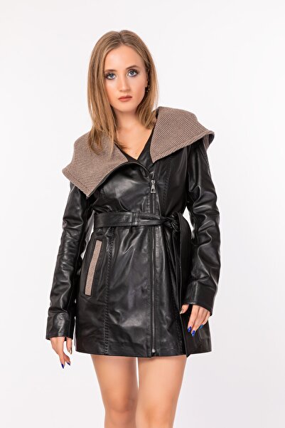 NEW VENTURE GIAN FERRE SOLID LEATHER Kadın Siyah Hakiki Deri Ceket Triko Kapü...