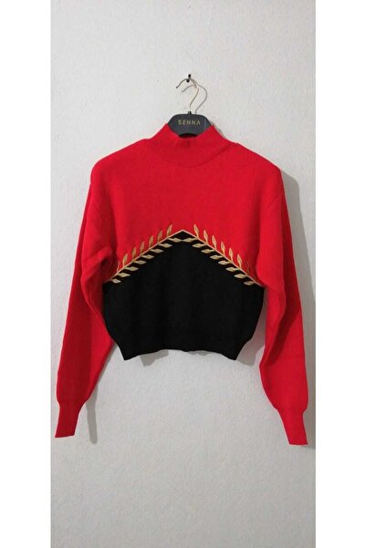 ŞIKIR ŞIKIR Pulover de damă cu jumătate de gât roșu - negru, cu model de brod...