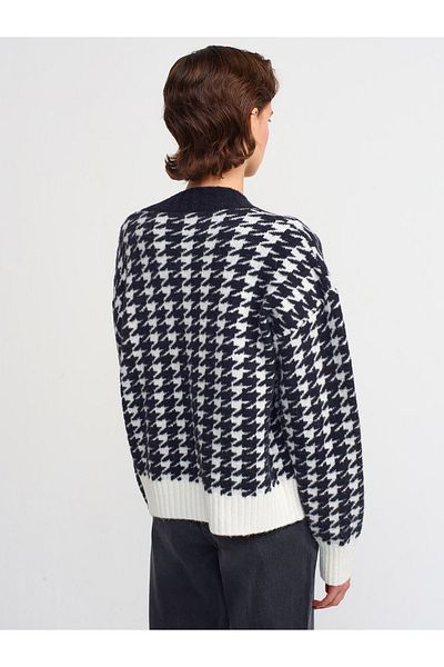 Dilvin 60166 Tricotaj cu model jacquard cu decolteu în V Cardigan Negru Ecru