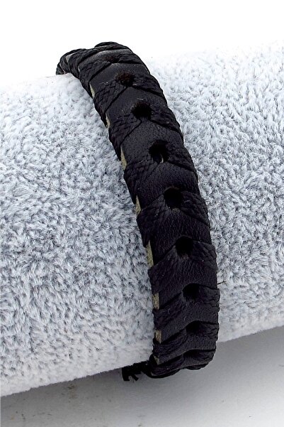 Stanbula Siyah Örgülü Orjinal Deri Bağlama Erkek Bileklik Bx0015