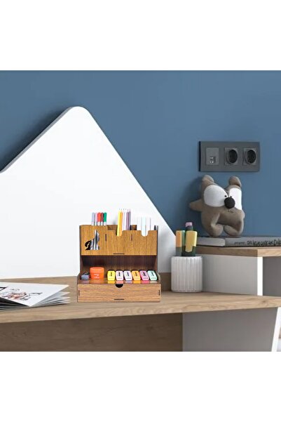 Notpa Desktop Pen Holder Organizer with Drawer Gray Wolf Figure Walnut Assemb...