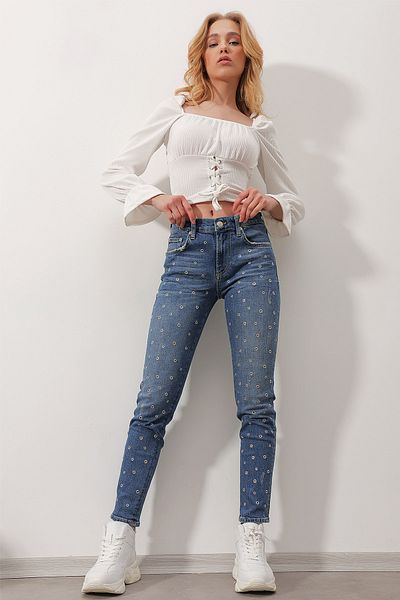 Trend Alaçatı Stili Blugi skinny, albaștri, cu talie înaltă, cu cinci buzunare, cu ochi de pasăre ALC-X9768