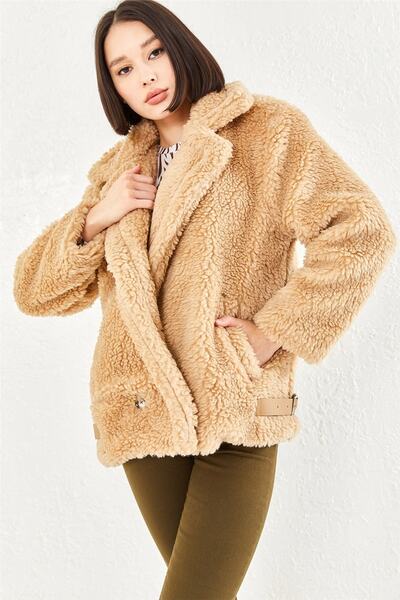 oshebu معطف قطيفة مبطن بحزام على الجوانب باللون البيج