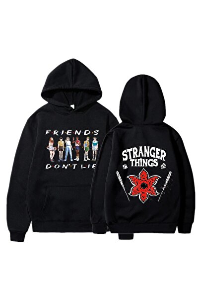 The Baski Unisex Siyah Friends Stranger Things Sırt Baskılı Kapüşonlu Sweatshirt