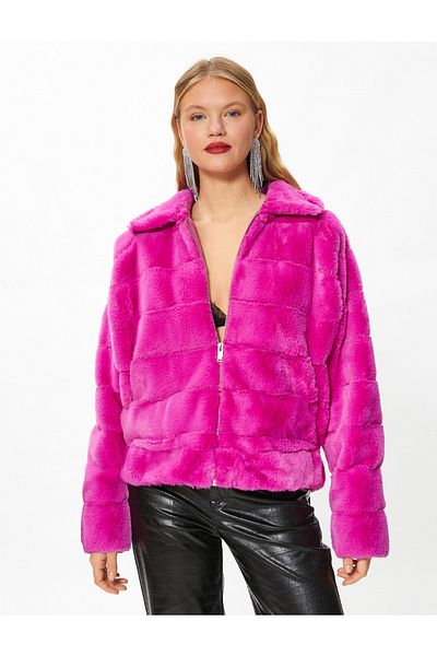 Koton Plüschjacke mit mehrlagigem Kragen und Reißverschluss