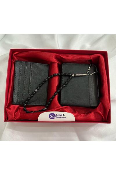 sema aksesuar Erkek Damat Seti - Kutusunda Deri Cüzdan, Kartlık, Tesbih Set -...