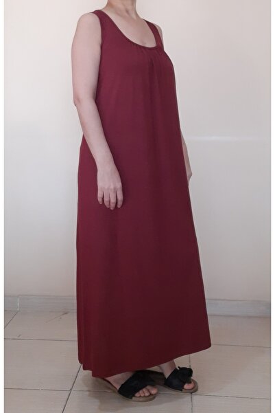 Mertcan Butik Gathered Front and Back Dark Burgundy Strap Combed Cotton Viscose Dress