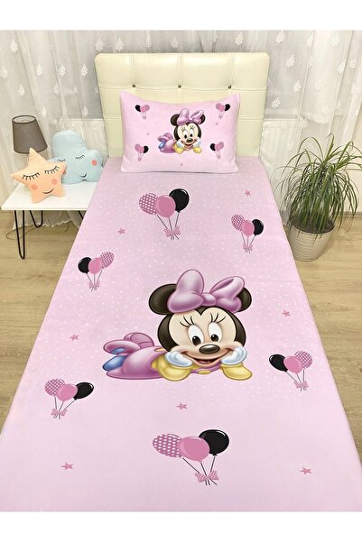EVPANYA Pembe Balonlu Minnie Desenli Yatak Örtüsü Ve Yastık Kılıfı
