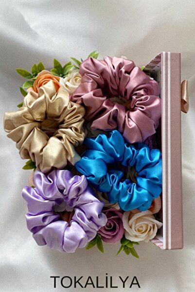 TOKALİLYA Kadın 4Lü Çapı 15 Cm Saten Saç Lastik Simit Scrunçhie Toka Seti