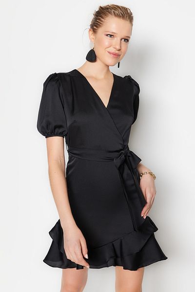 Trendyol Collection Black Belted Double Breasted Satin Mini Woven Dress TWOSS23EL00134