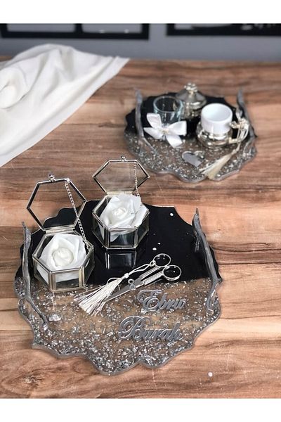 Masalsı Concept Epoxy Tray Promise Tray Engagement Tray Groom Cup Groom Tray with Flower Ring Holder