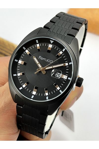 Ferrucci Special Design Men's Calendar Wristwatch 3 Atm Waterproof Black Color Steel Cord