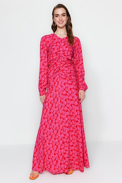 Trendyol Modest Φούξια λουλουδάτο υφαντό φόρεμα με λεπτομέρεια ραφής στη μέση TCTSS22EB00105