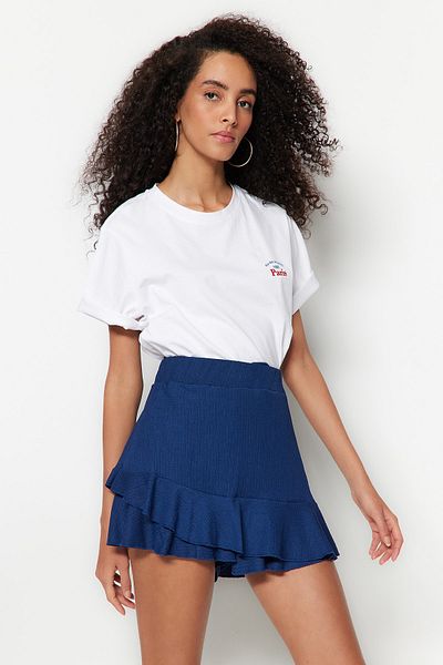 Trendyol Collection Navy Blue Skirt Frilly High Waist Wrap Knitted Shorts Skirt TWOSS23SR00072