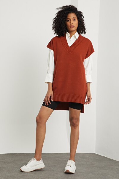 ALTINER TRİKO Kadın Kiremit V Yaka Uzun Süveter