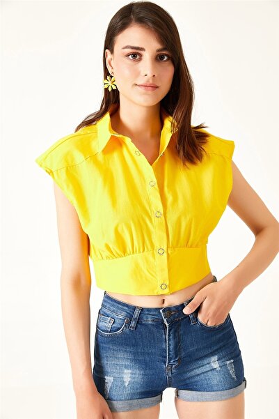oshebu Kadın Sıfır Kol Crop Poplin Gömlek Sarı
