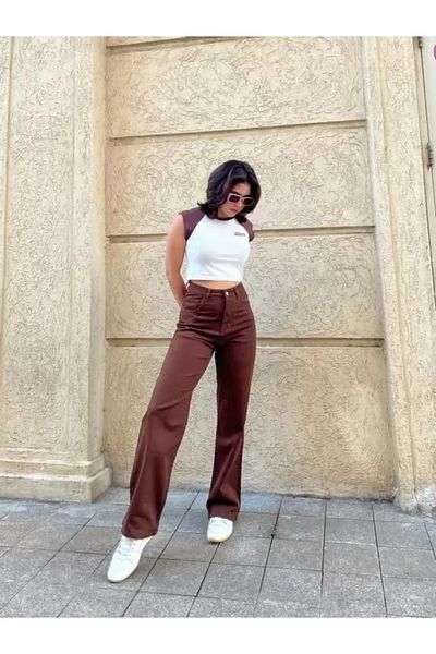 Livik Γυναικείο Καφέ Lycra Σούπερ Ψηλόμεσο Φαρδύ Πόδι Συλλογή Colorfast τζιν