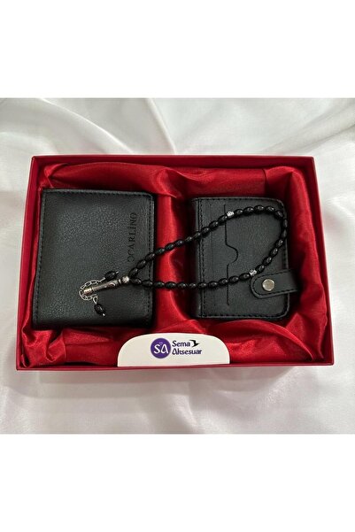 sema aksesuar Erkek Damat Seti - Kutusunda Deri Cüzdan, Kartlık, Tesbih Set -...