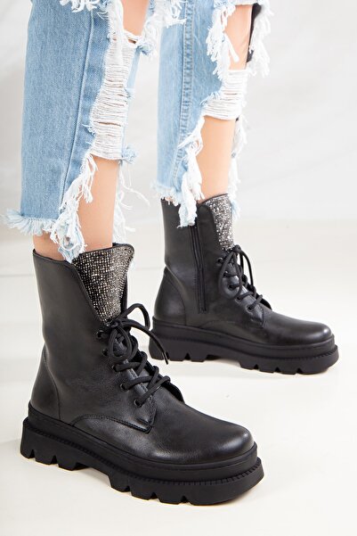 LULO Kadın Siyah Kalın Tabanlı Içi Kürklü Bilekten Lastikli Spor Şık Kışlık Bot Postal