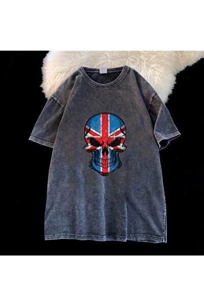 Touz Niiss Butik - Unisex Πλενόμενο T-shirt με Σχέδιο Κρανίου με Σημαία του Η...