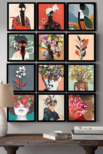 NT Handmade 12 Parça Çerçeve Görünümlü Renkli Yüzler Duvar Dekoru Salon Oturm...