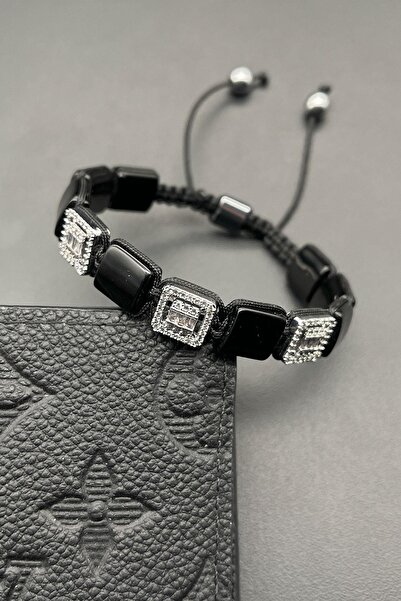 FRNCH 3a Kalite Baget Taşlı Siyah Renk Ipli Ayarlanabilir Erkek Bileklik Frj1...