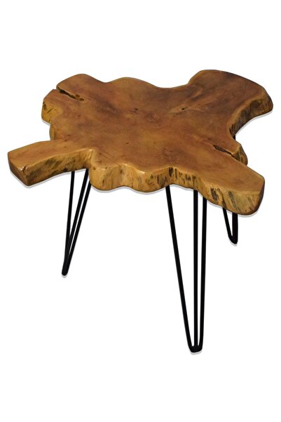 Hedicaret Orta Yan Sehpa Tik Ağacı Demir Ayaklı Dekoratif Ahşap