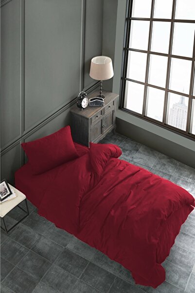 SNR HOME COLLECTION Akfil Pamuklu Bordo Tek Kişilik Nevresim Takımı (lastiksi...