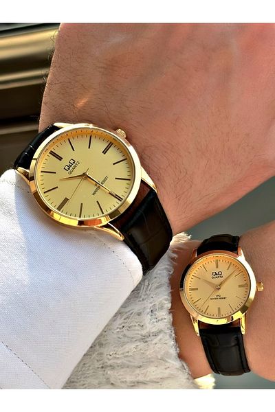 Q&Q Q888j727y Leather Band Couple Lover Wristwatch
