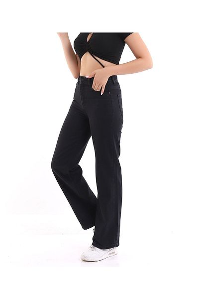 LAMİRA Pantaloni Palazzo Denim negri cu talie înaltă cu picioare largi Lycra