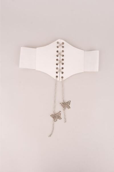 LİA KEMER Kadın Lastikli Korse Kemer Gümüş Kelebek Ve Zincir Bağcıklı Elastik...