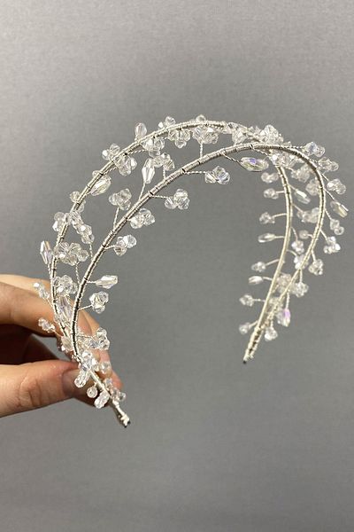 Hobigram Coroană de mireasă și henna cu mărgele de cristal Vela transparentă cu două rânduri – Coroană, cu pietre de cristal, model elegant – Coroană