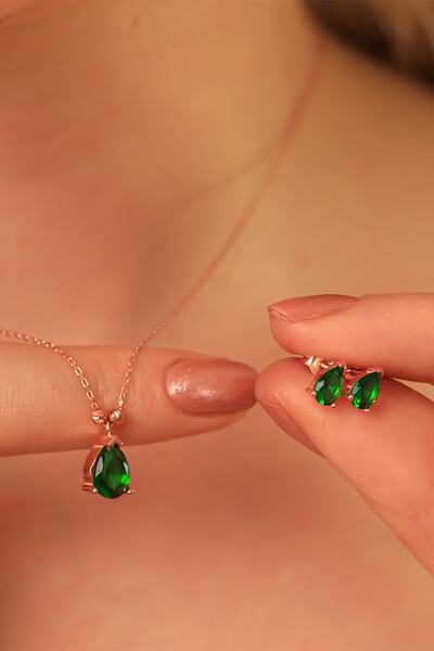 byess 925 Ayar Gümüş Zümrüt Yeşili Damla Kolye Küpe Set