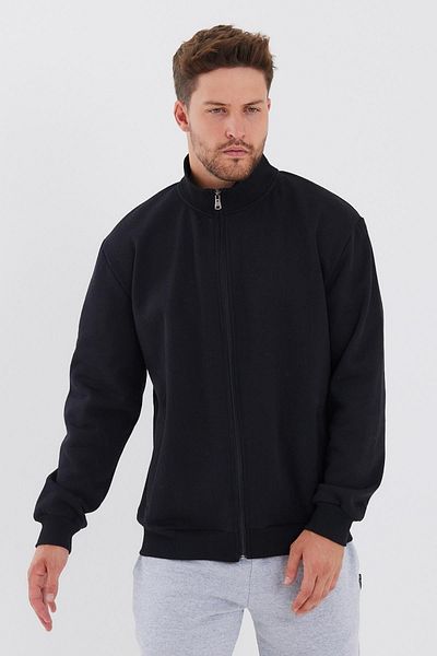 COMEOR Cotton Zippered Men's Black Cardigan with Stand Collar and Side Pockets