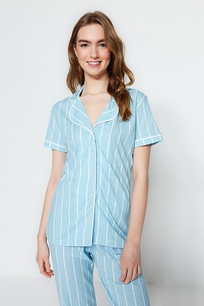 Trendyol Collection Világoskék csíkos kötött PAjAmA szett és alvó fejpánt - THMSS21PT1225