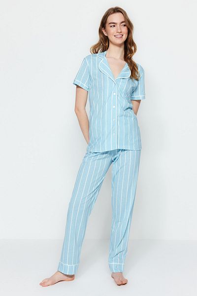 Trendyol Collection Világoskék csíkos kötött PAjAmA szett és alvó fejpánt - THMSS21PT1225