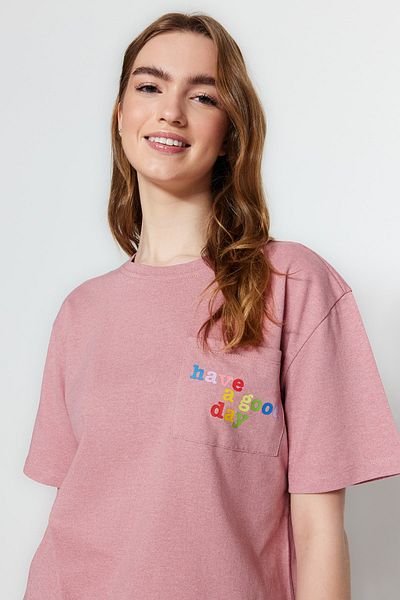 Trendyol Collection Pink Slogan Printed 100% Cotton Shorts Sleepwear Set - Thmss23Pt00173