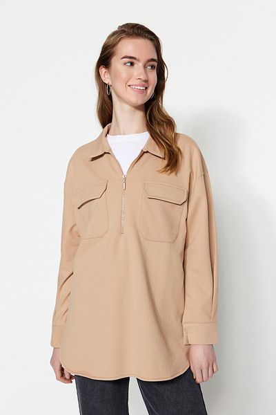 Trendyol Modest Плетена туника с цип с камилска яка TCTSS23UK00091